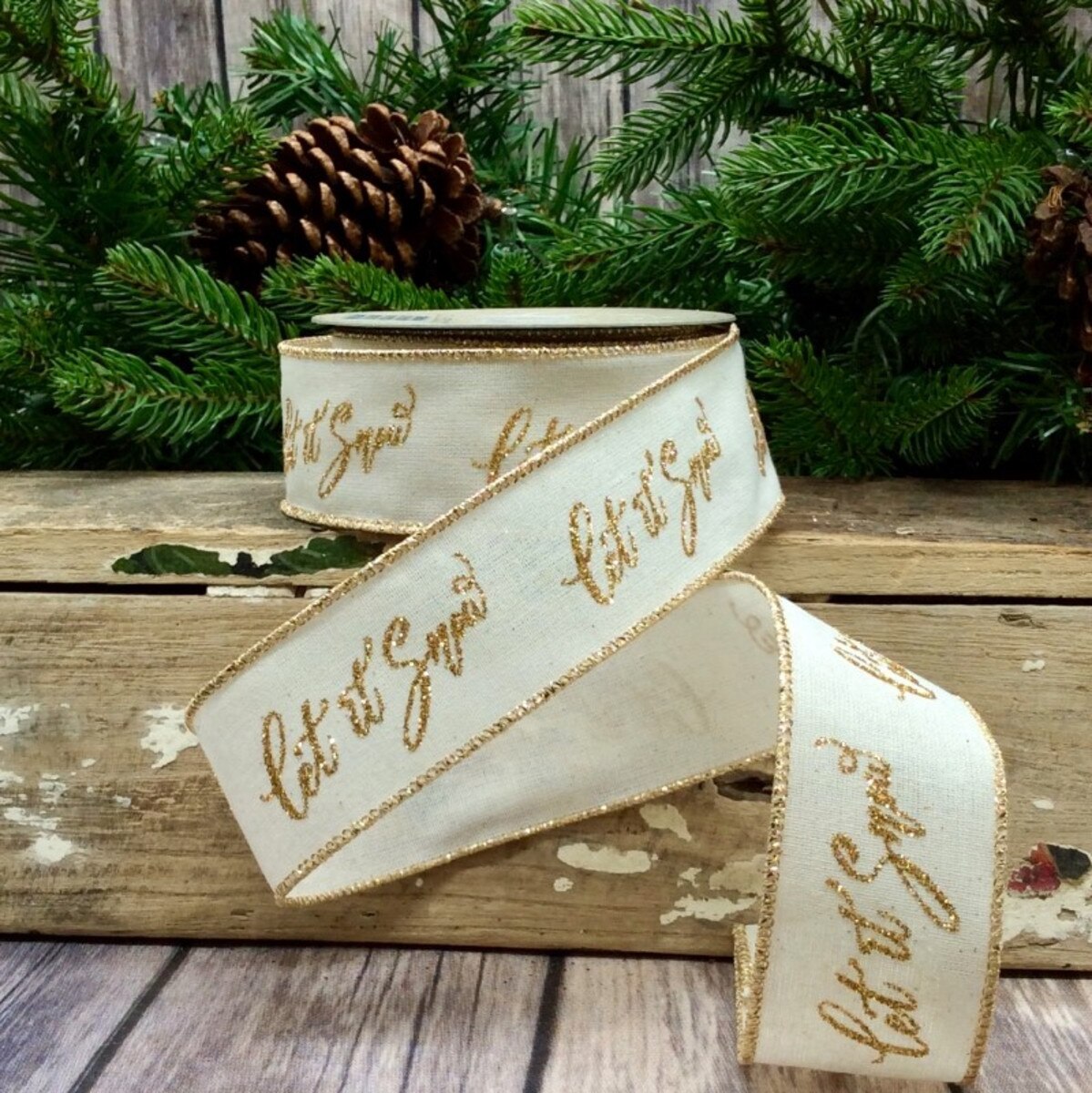 Ivory Ribbon Cotton Linen Let It Snow Gold Glitter 1.5" x 10 Yds