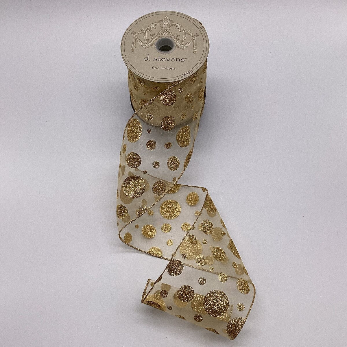 Gold Glitter Polka Dots Cream Sheer Ribbon 4" x 10 Yds