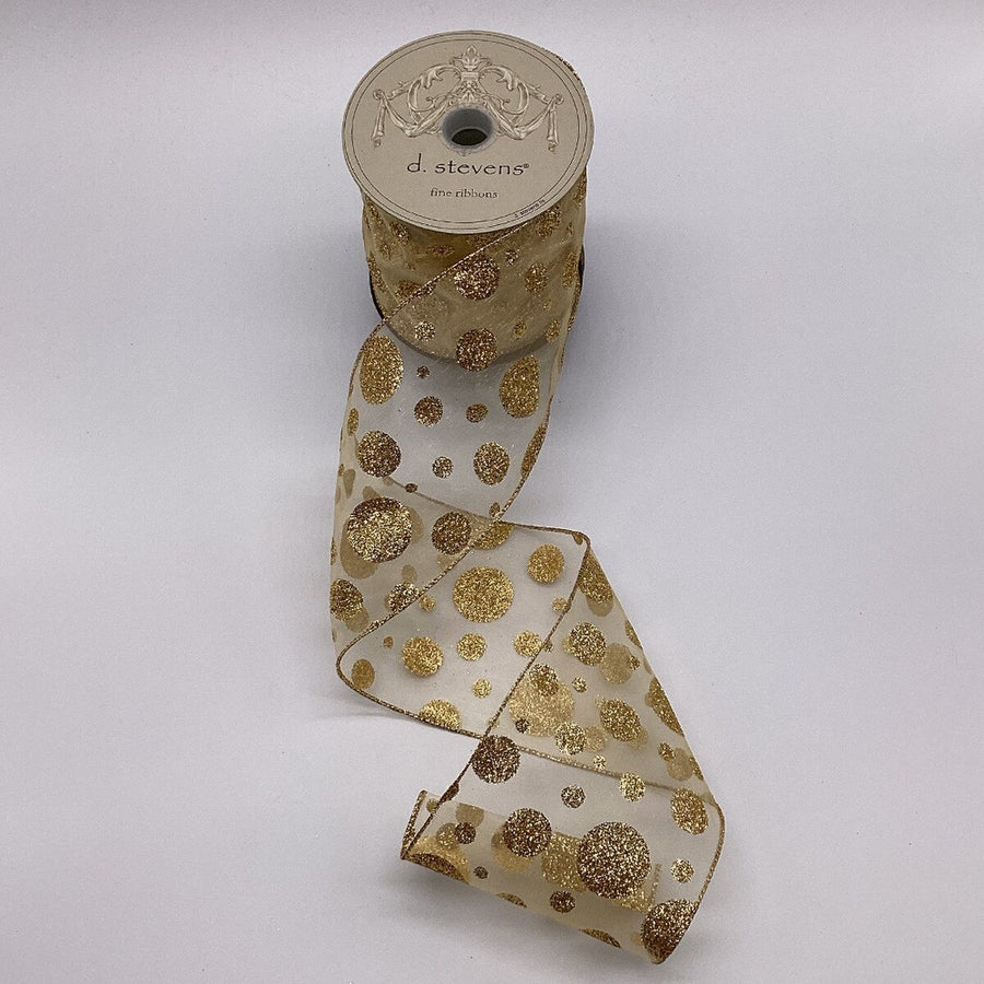 Gold Glitter Polka Dots Cream Sheer Ribbon 4" x 10 Yds