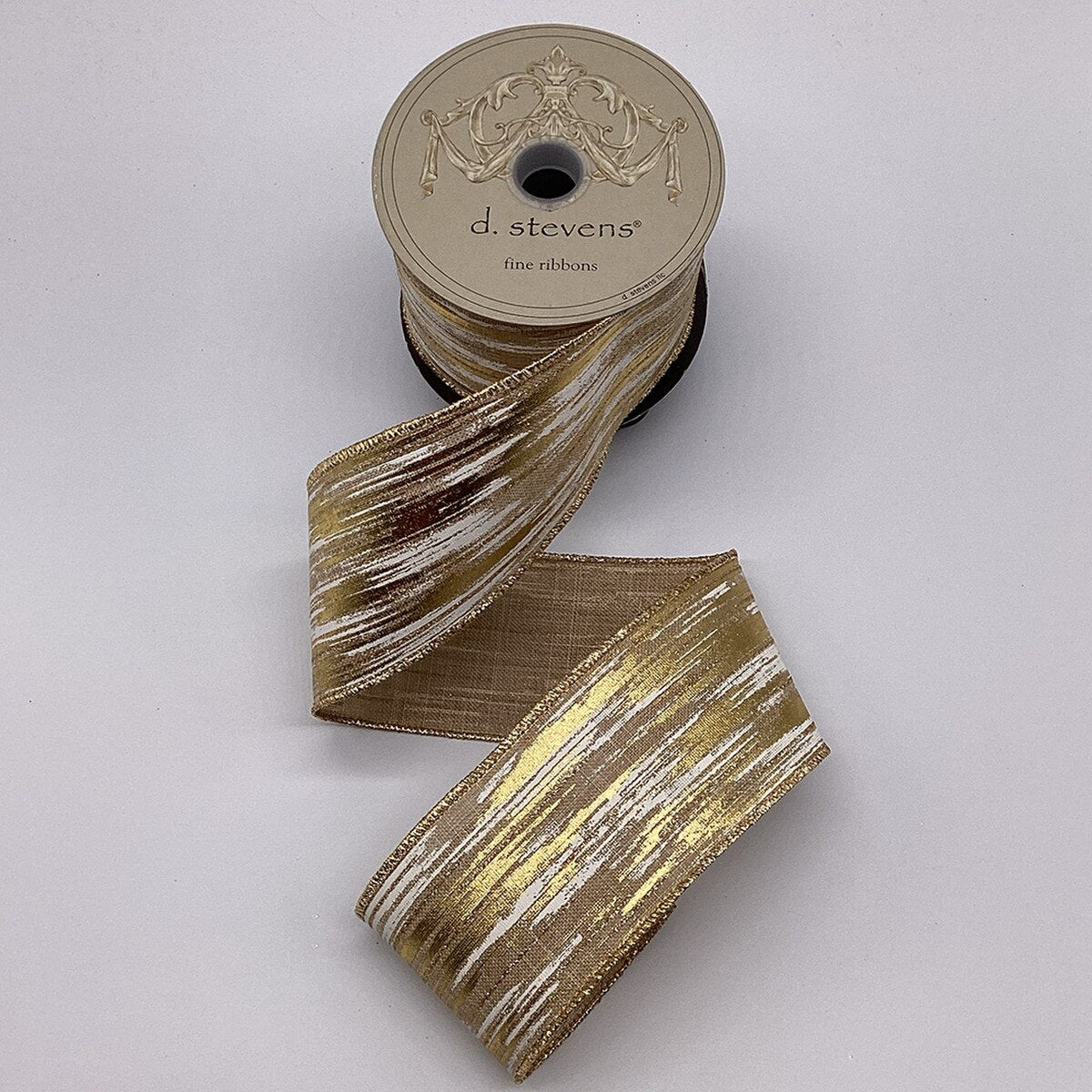 Linen Ribbon Brushed White Metallic Gold 2.5" x 10 Yds