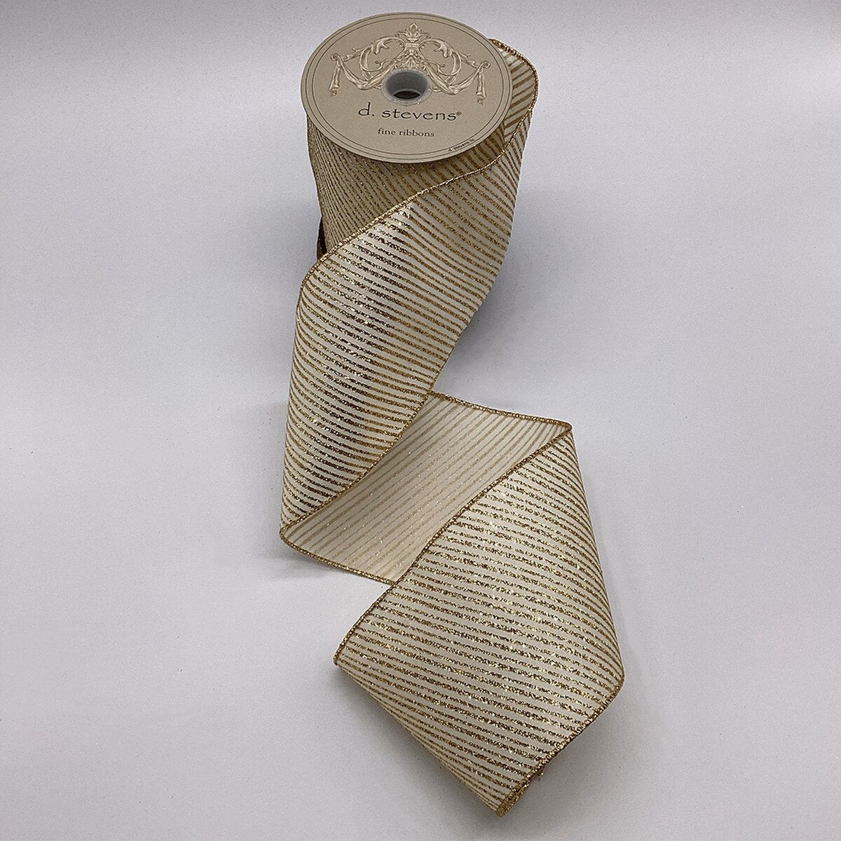 Ivory Ribbon with Satin Gold Glitter Diagonal Stripes 2.5" x 10 Yds