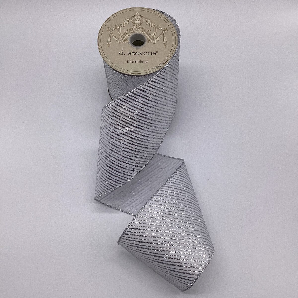 Satin Silver Glitter White Ribbon with Diagonal Mini Stripes