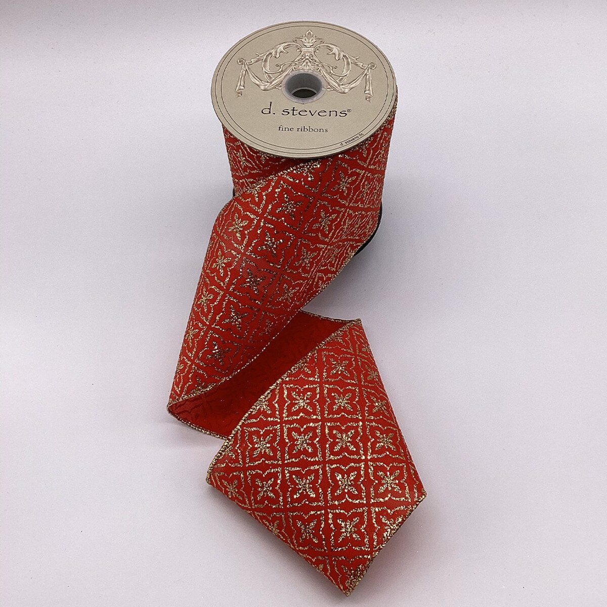 Quatrefoil Satin Gold Glitter Red Ribbon 4" x 10 Yds