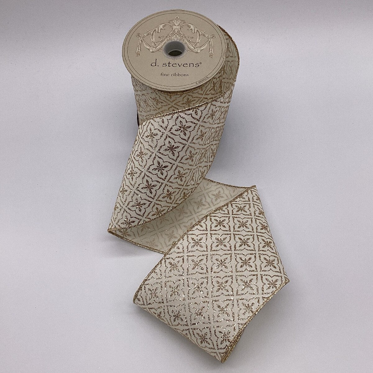 Gold Glitter Quatrefoil Ivory Satin Ribbon 4" x 10 Yds