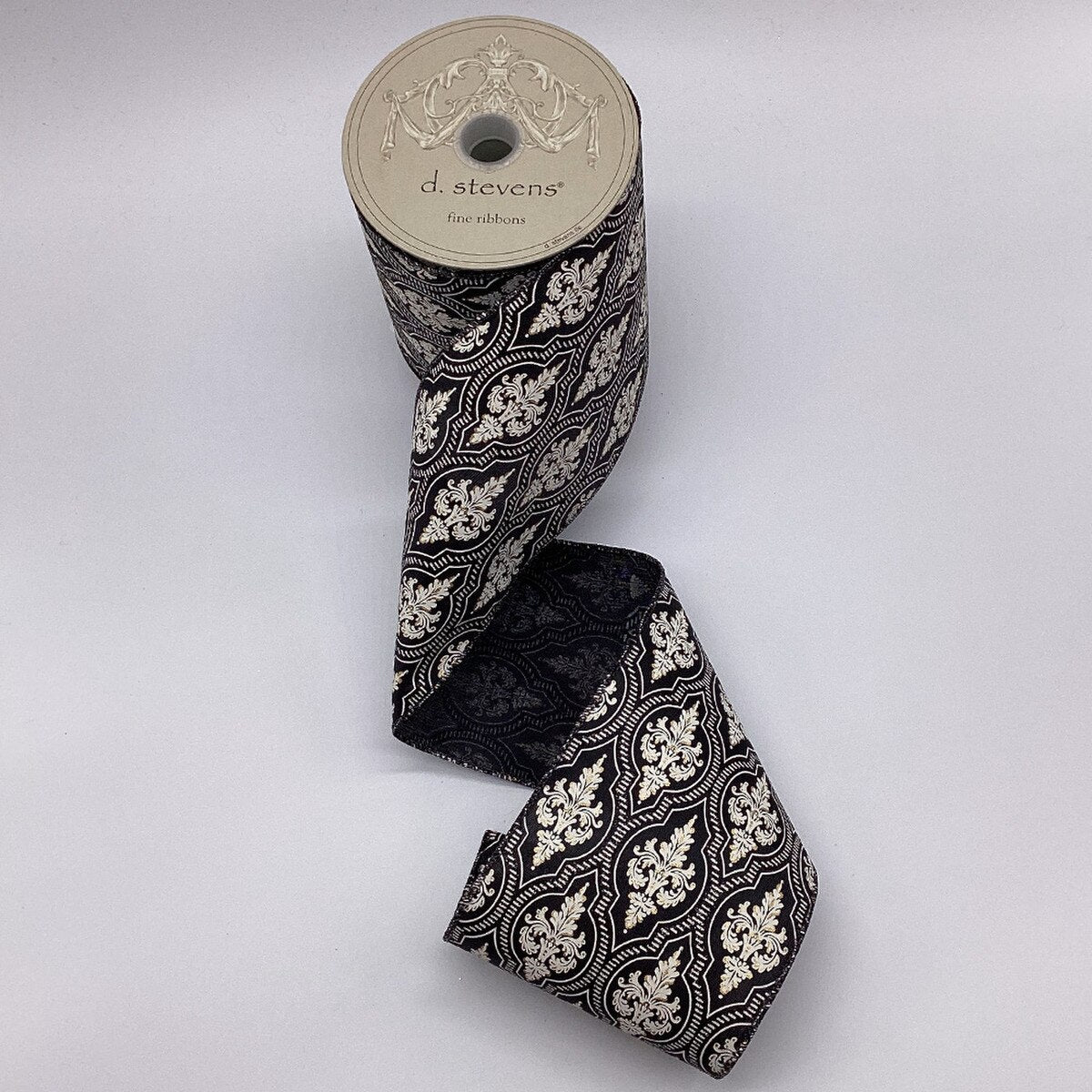 Black White Satin Ribbon Acanthus Pattern 4 Inch x 10 Yds