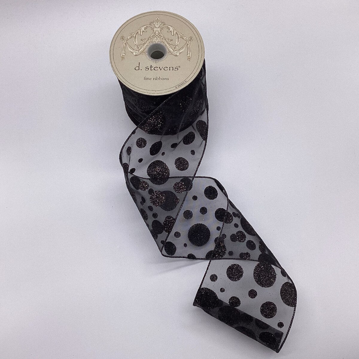 Black Glitter Polka Dots Sheer Ribbon 4" x 10 Yds
