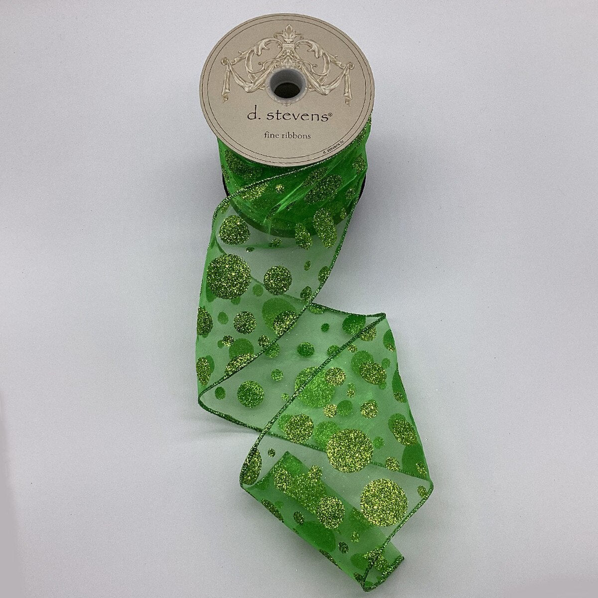 Sheer Glitter Polka Dots Ribbon in Black and Lime 4" x 10 Yds