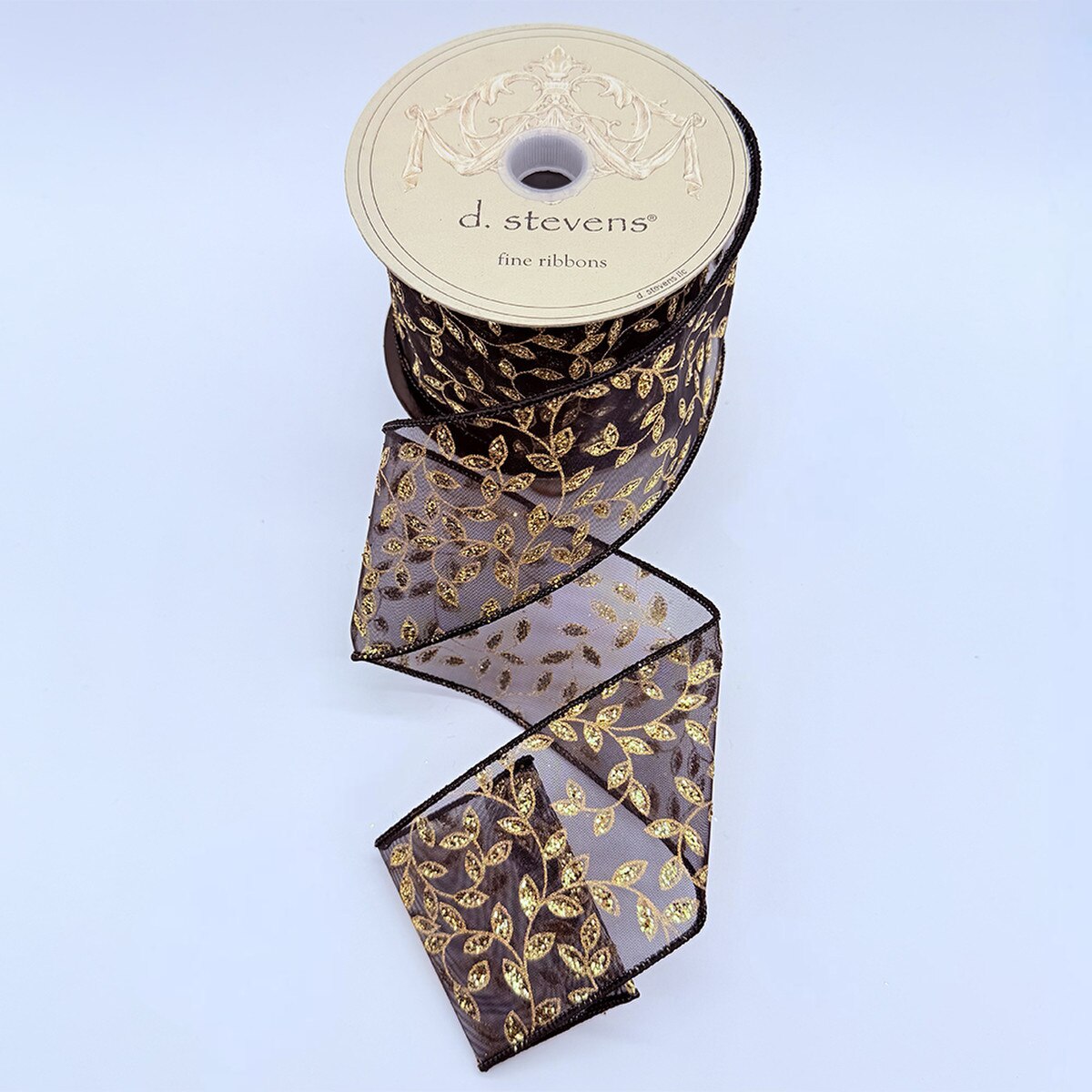 Gold Glitter Leaves Black Ribbon 2.5 Inch x 10 Yards