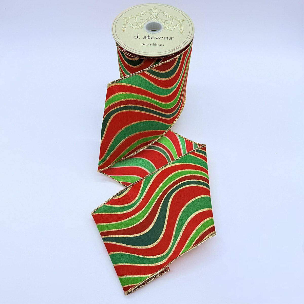 Abstract Waves Poplin Ribbon Red Green Gold 4" x 10 Yds