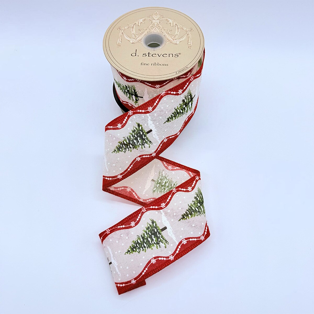 Linen Fir Trees Ribbon 2.5 Inch Cranberry Edge Ivory