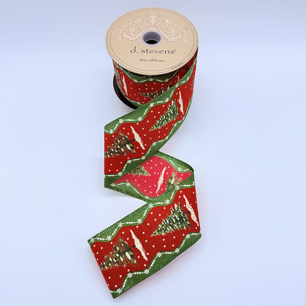 Linen Fir Trees Green Edge Red Ribbon 2.5" x 10 Yds
