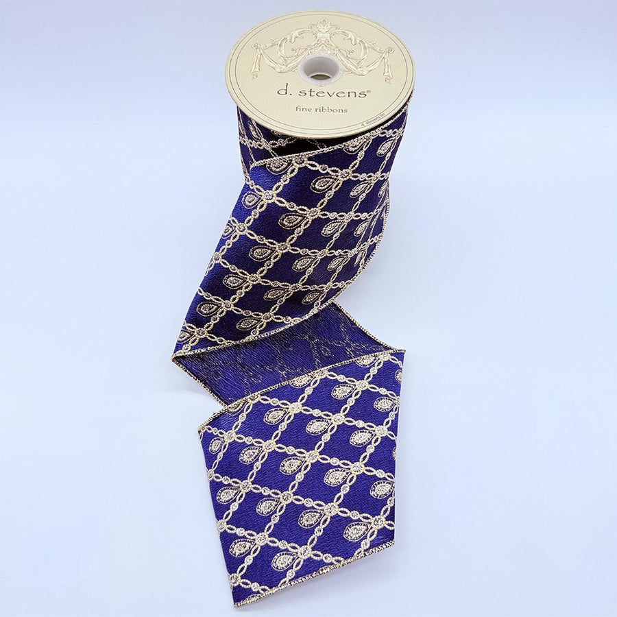 Navy Satin Glitter Chain Diamond Pattern Ribbon 4" x 10 Yds