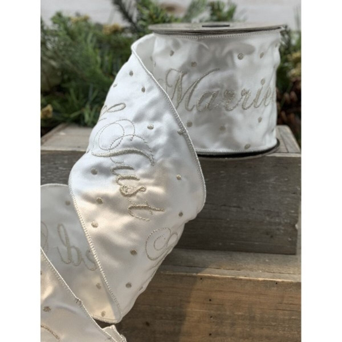 Just Married Off White Ribbon Dull Satin Silver 4" x 10 Yds