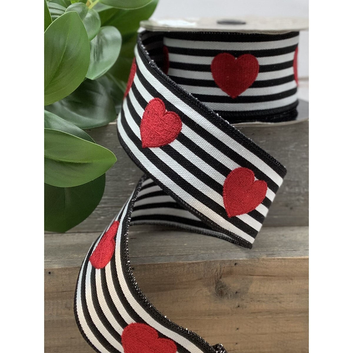 Canvas Stripe Ribbon with Red Hearts Black and White 2.5" x 5 Yds