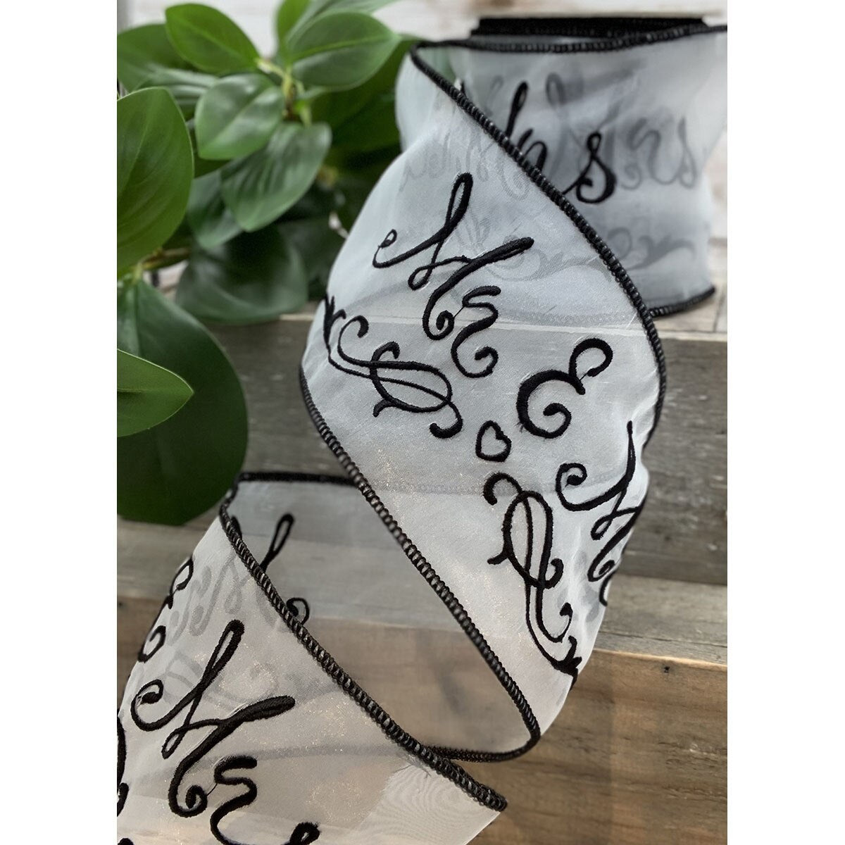 Mr. & Mrs. White Embroidery Organza Ribbon 4" x 10 Yds
