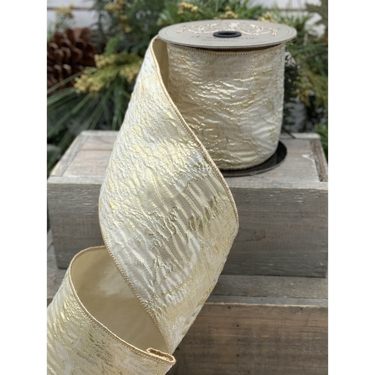Ivory Soft Gold Jacquard Ribbon 4 Inch x 10 Yards