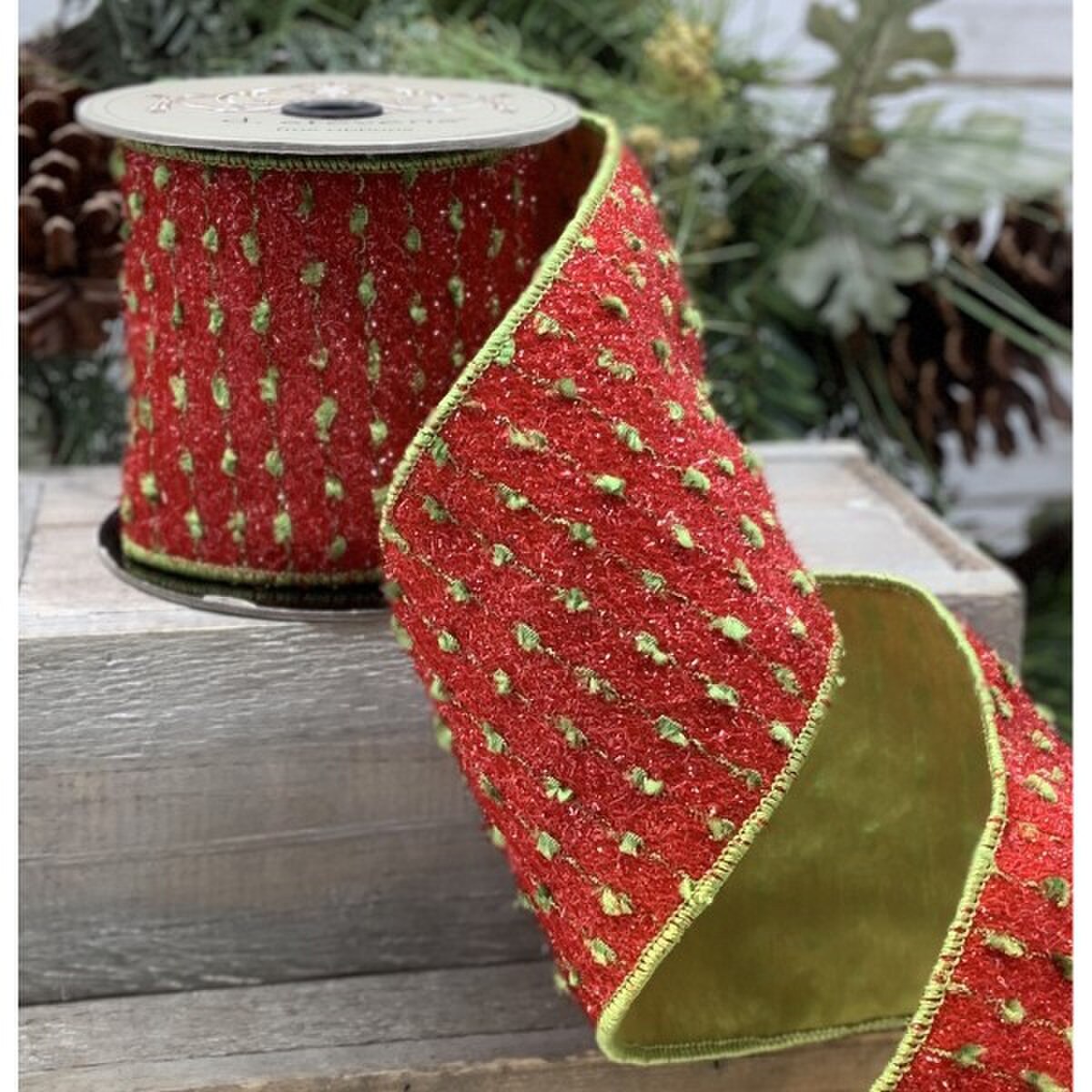 Chenille Knit Ribbon Red Green 4 Inch by 5 Yards