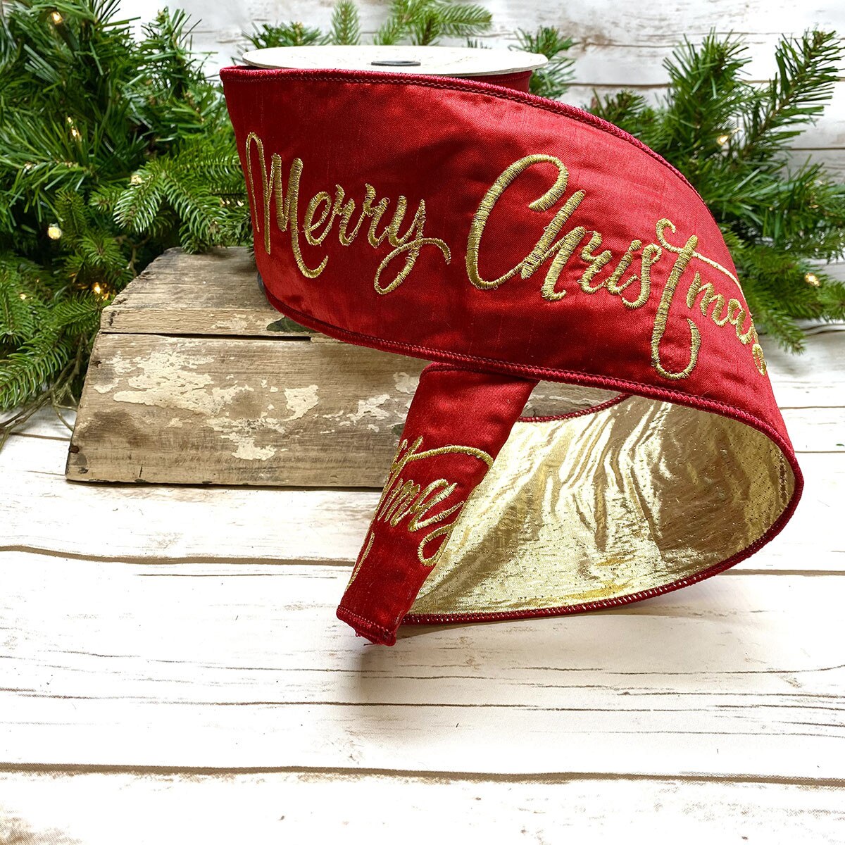 Gold Merry Christmas Red Ribbon Faux Dupion Embroidery 4" x 10 Yds
