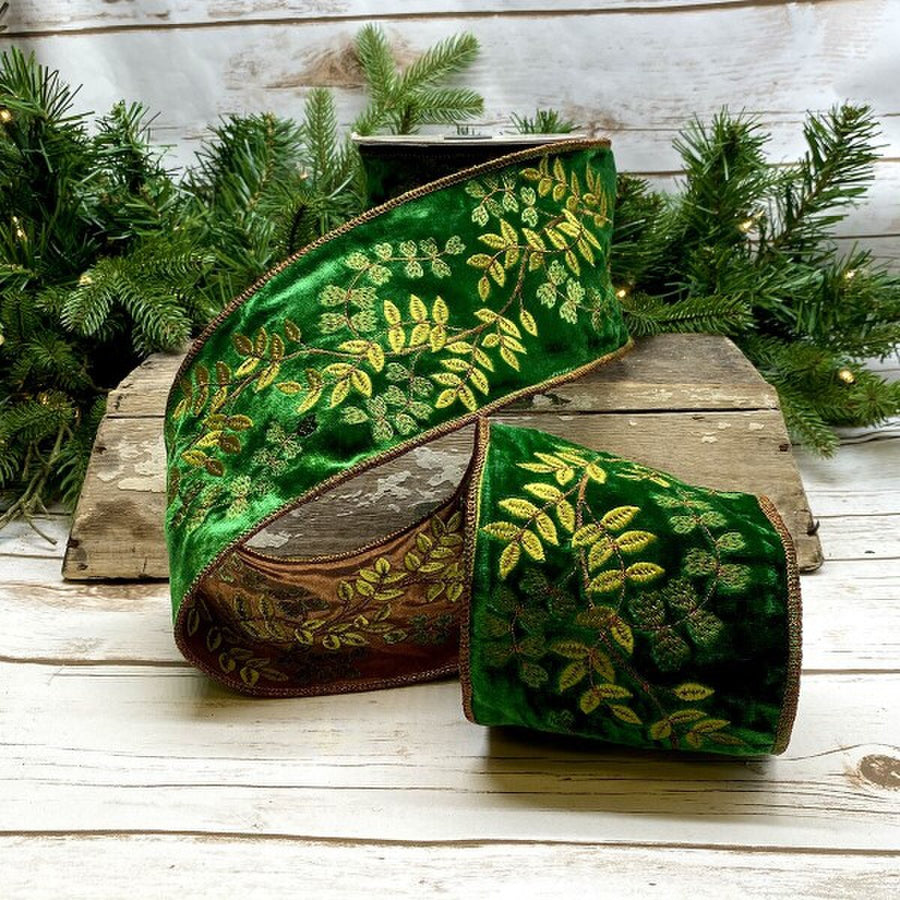 Green Faux Dupion Embroidery Butterfly Vine Ribbon 4" x 5 Yds