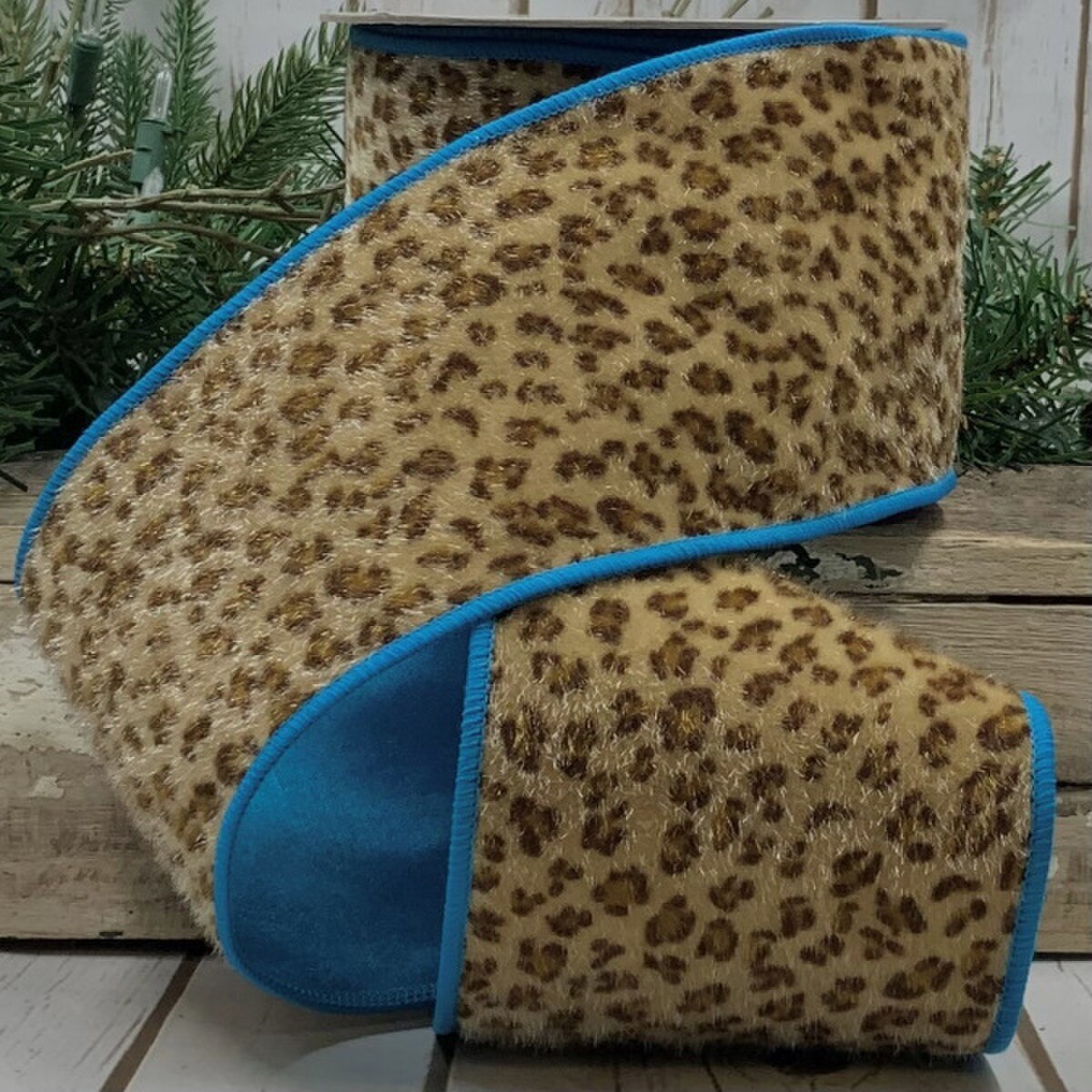 Faux Horsehair Ribbon Teal Blue Tan Leopard 4" x 10 Yds