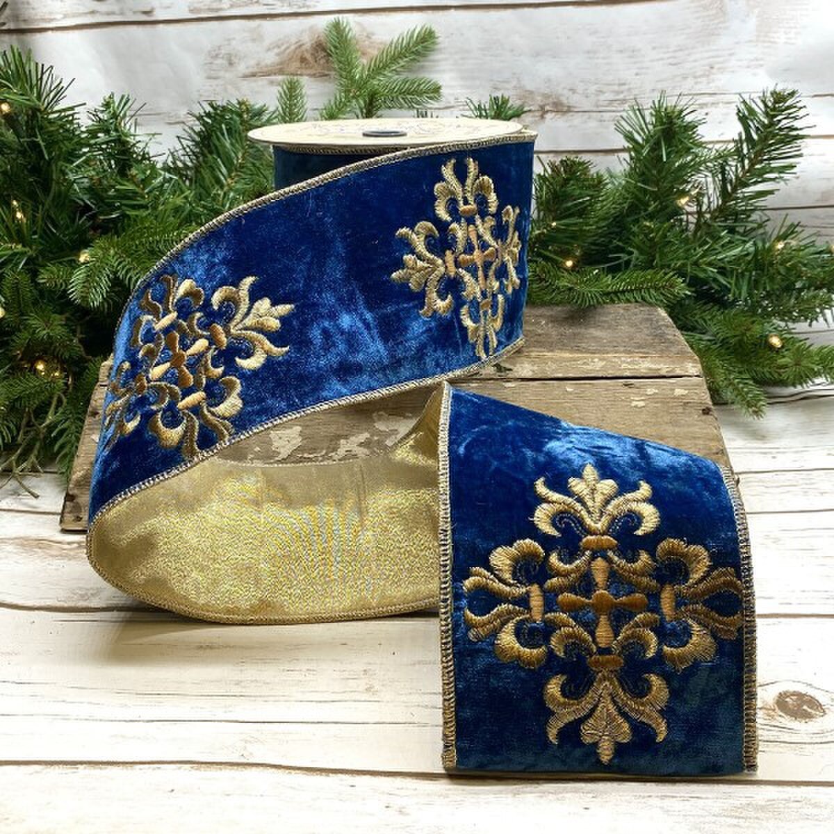 Blue Velvet Cross Medallion Ribbon 4" x 5 Yds