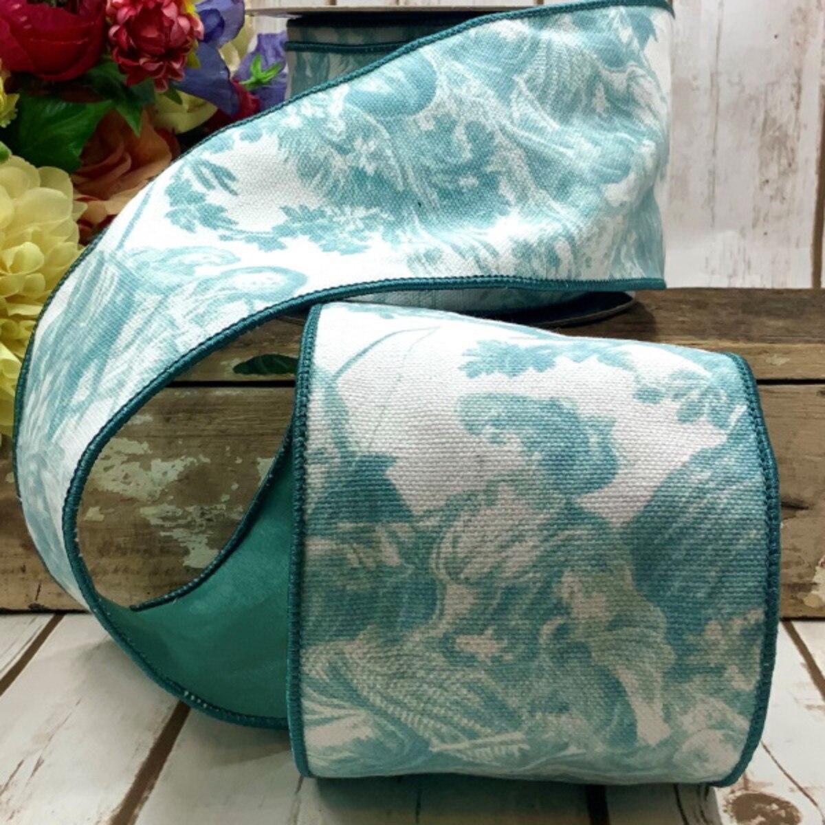 Celadon Canvas Bayeux Toile Ribbon 4 Inch x 10 Yards