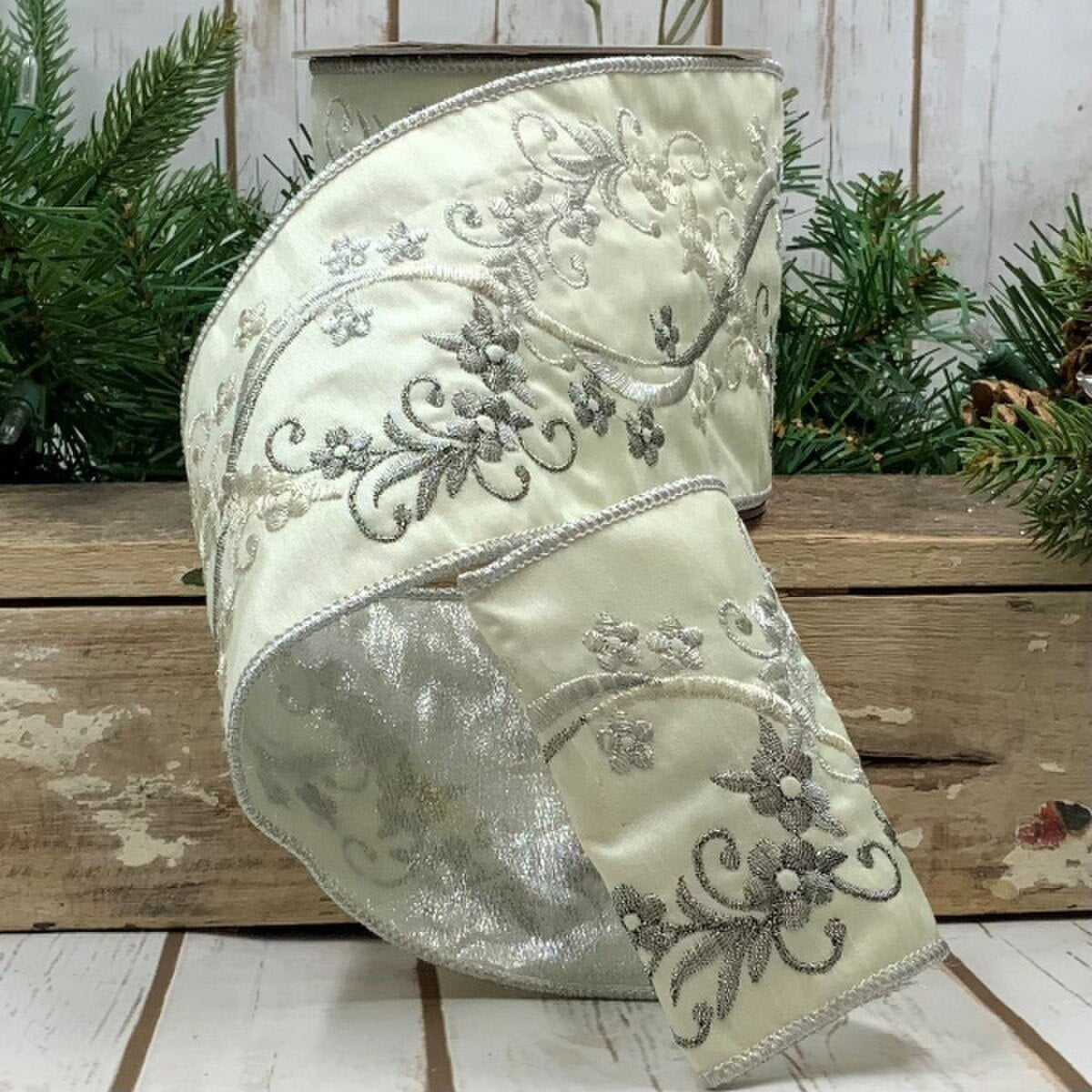 Dupion Silver Pewter Floral Vine Ivory Ribbon 4" x 5 Yds