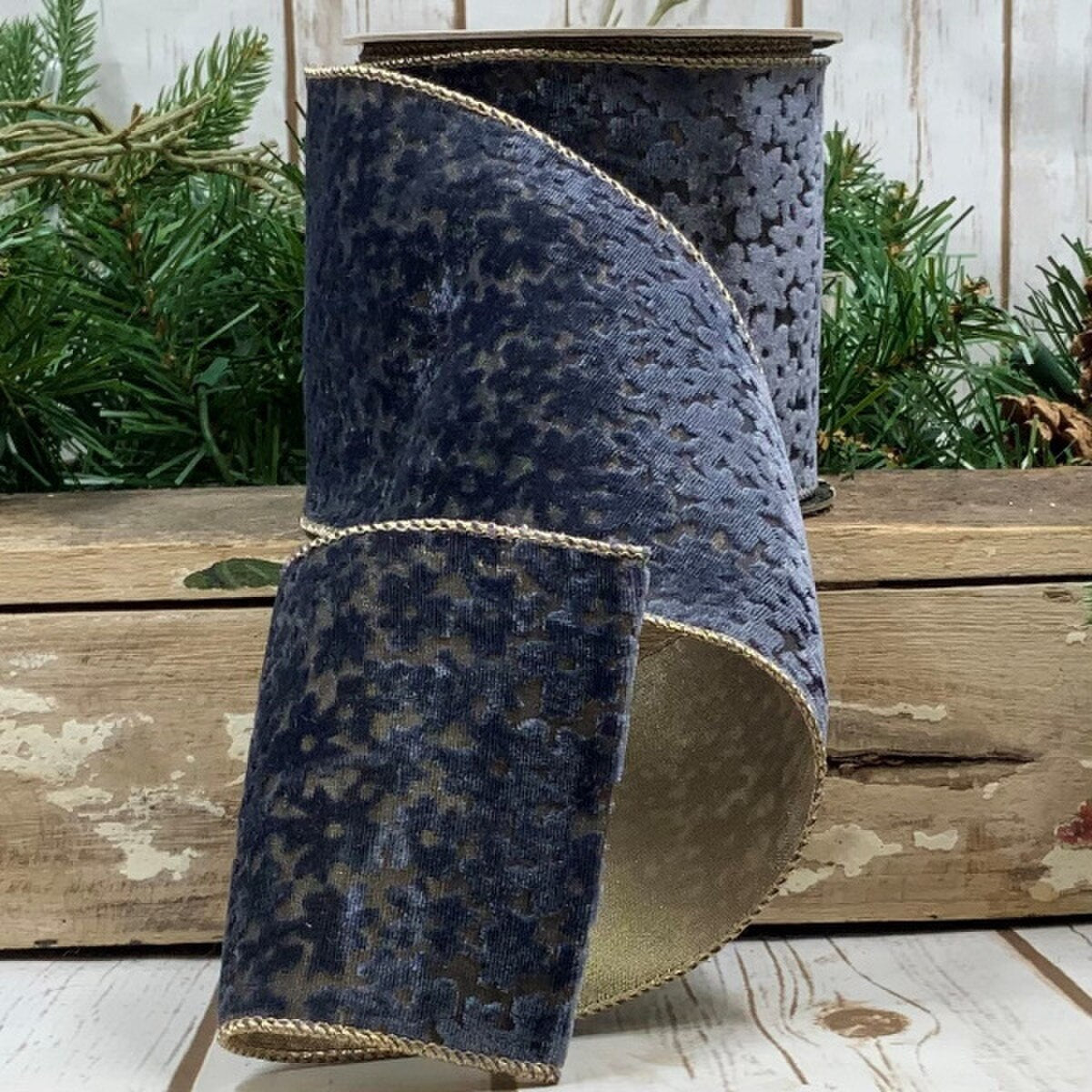 Moody Blue Velvet Sheer Ribbon with Gold Floral Clusters