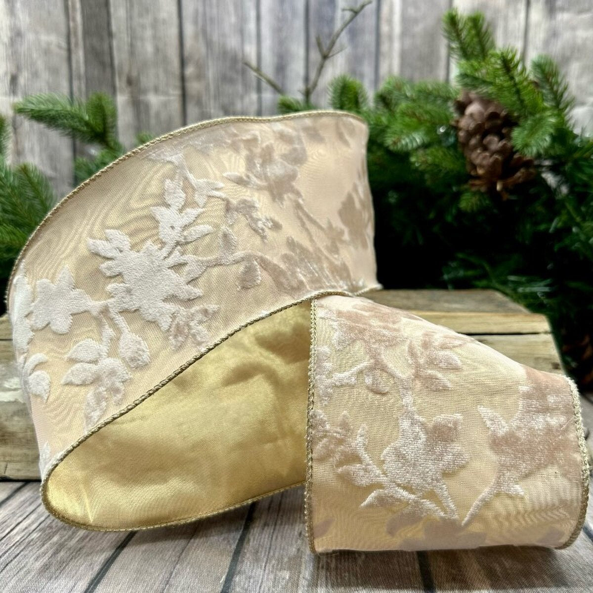Floral Garden Gold Ribbon Velvet Sheer Taupe 4" x 10 Yds