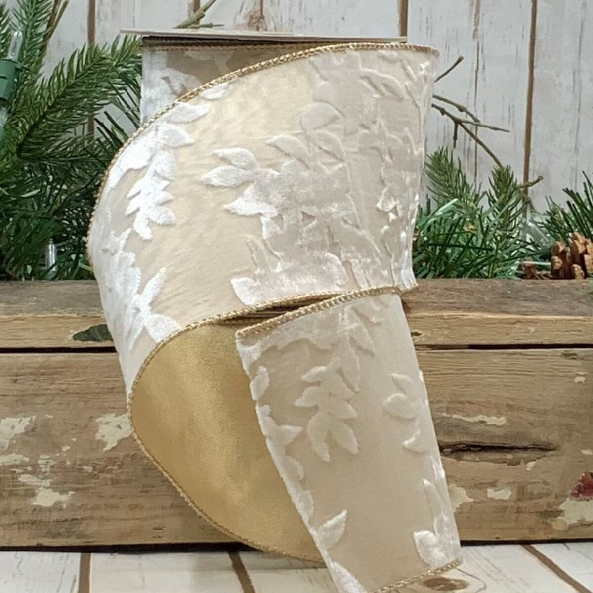 Floral Garden Gold Ribbon Velvet Sheer White 4" x 10 Yds