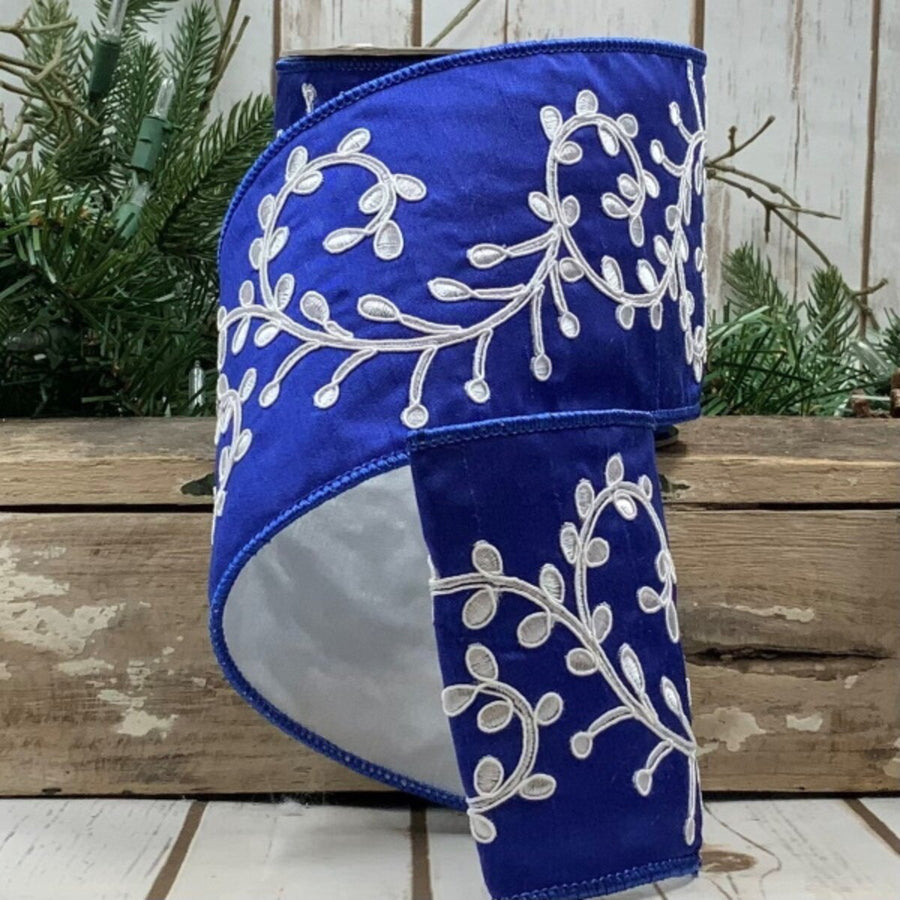 Faux Dupion White Ribbon with Blue Embroidery Vine 4" x 5 Yds