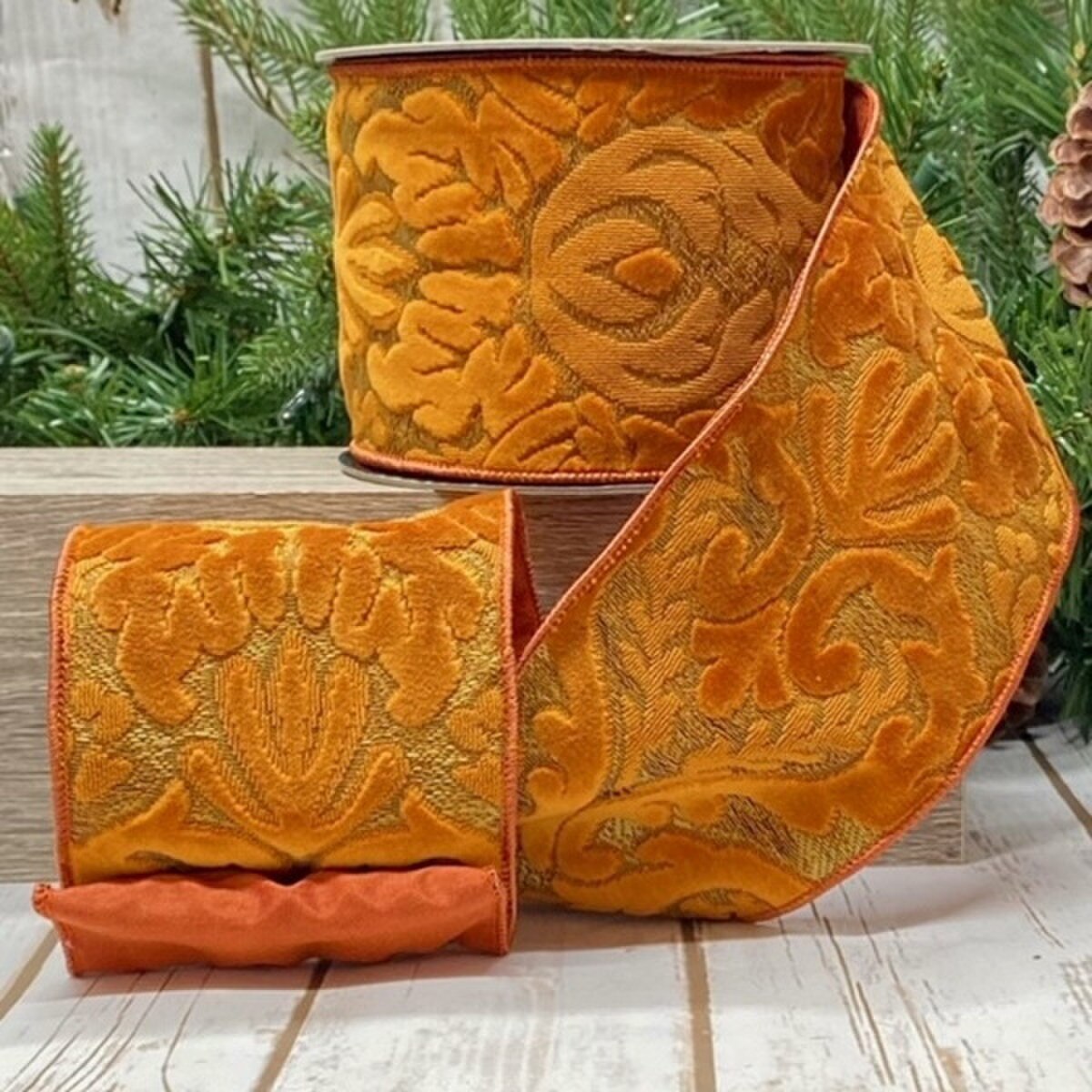 Persimmon Jacquard Acanthus Leaves Ribbon 4" x 10 Yds