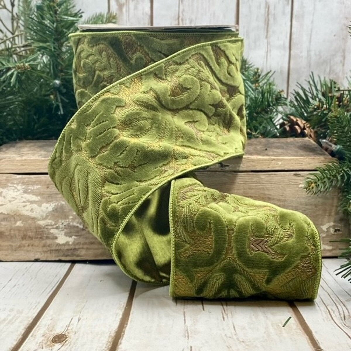 Olive Jacquard Acanthus Leaves Ribbon 4 Inch x 10 Yards