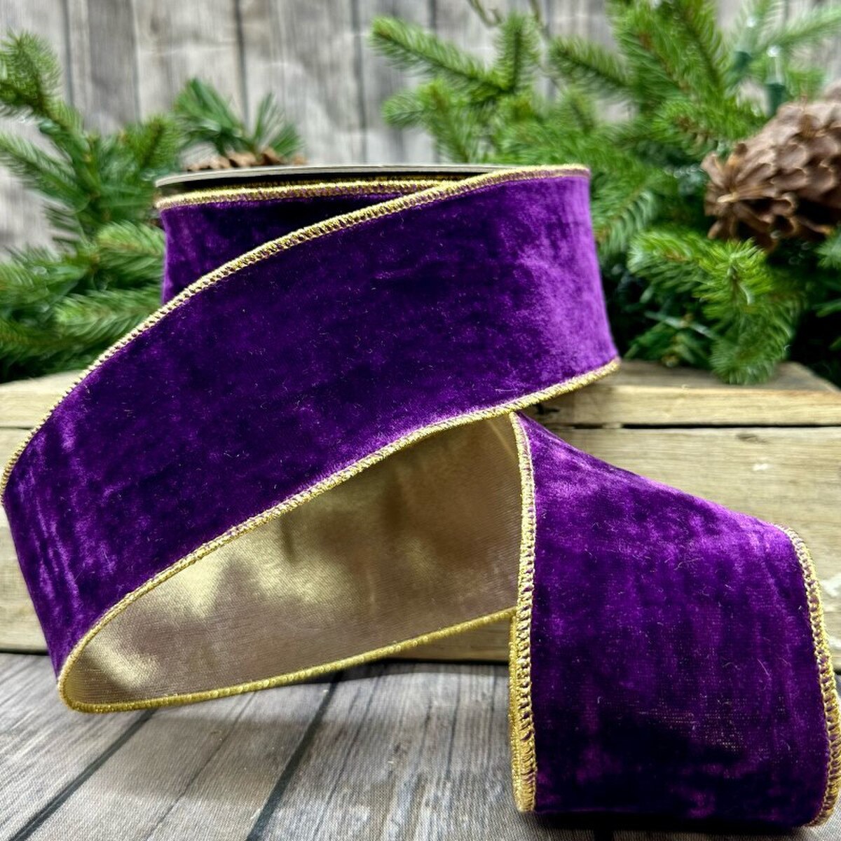 Aubergine Velvet Ribbon with Metallic Back, 2.5" x 10 Yds