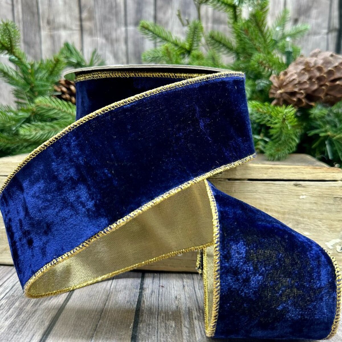 Navy Velvet Ribbon 2.5 Inch Metallic Back 10 Yards