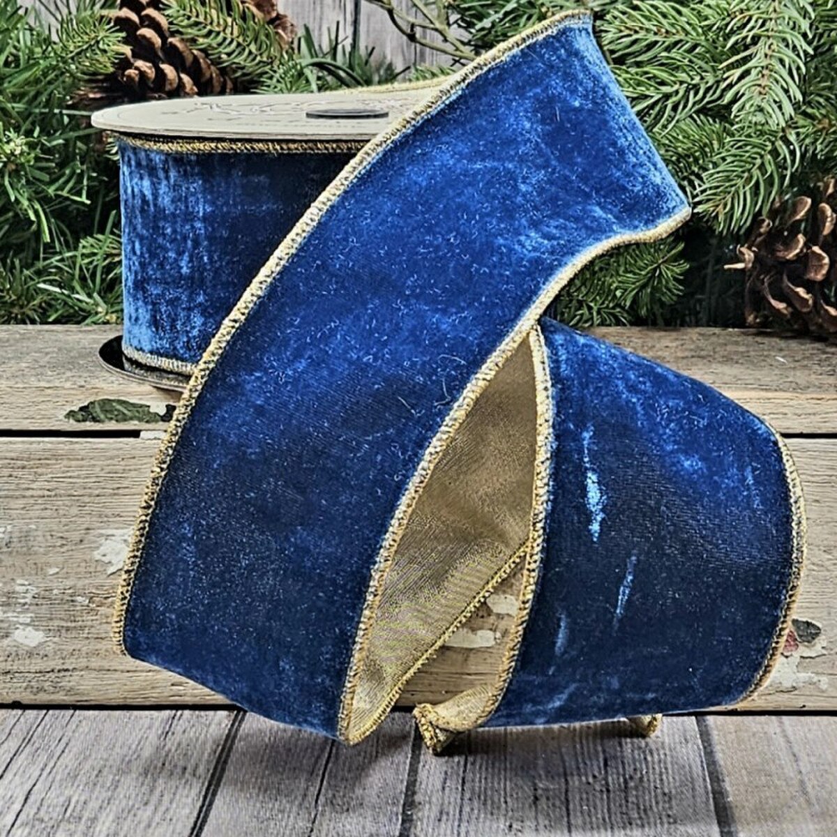 Indigo Velvet Ribbon with Metallic Back, 2.5" x 10 Yds