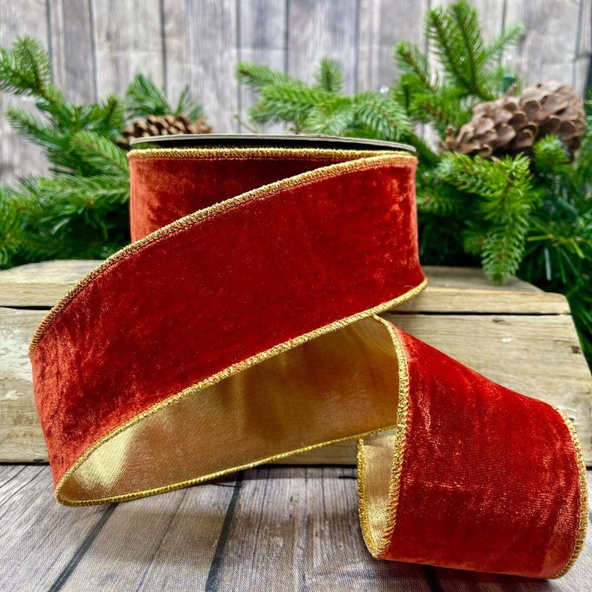 Brick Vintage French Velvet Metallic Back Ribbon 2.5" x 10 Yds