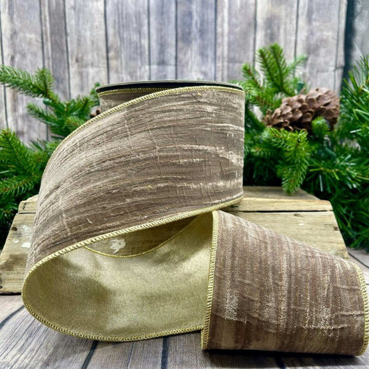 Gold Back Taupe Velvet Ribbon 4 Inch x 10 Yards