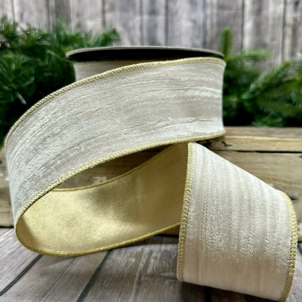 Alabaster Ribbon Velvet Vintage Chic Gold Back 2.5" x 10 Yds