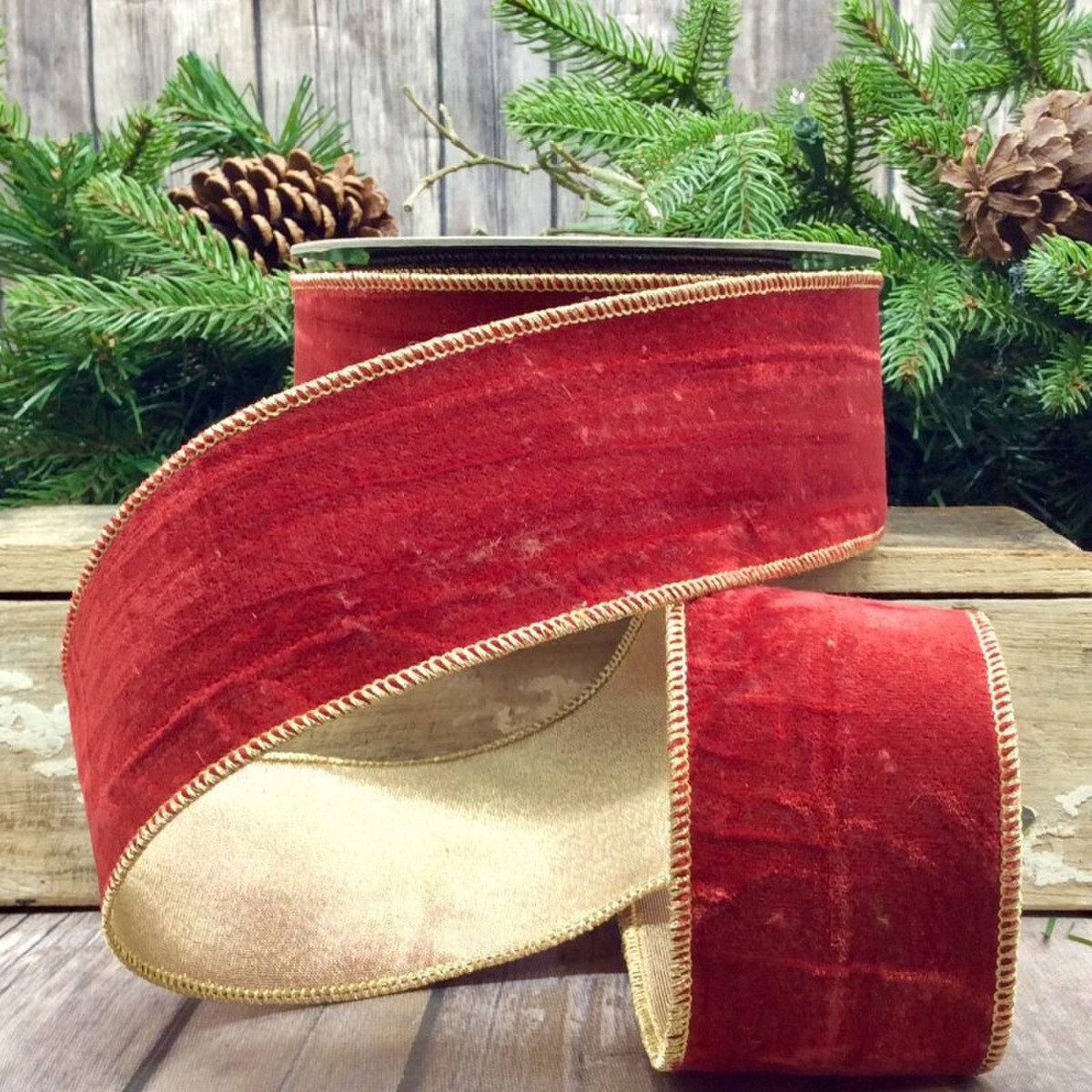 Cinnabar Ribbon Velvet Vintage Chic Gold Back 2.5" x 10 Yds