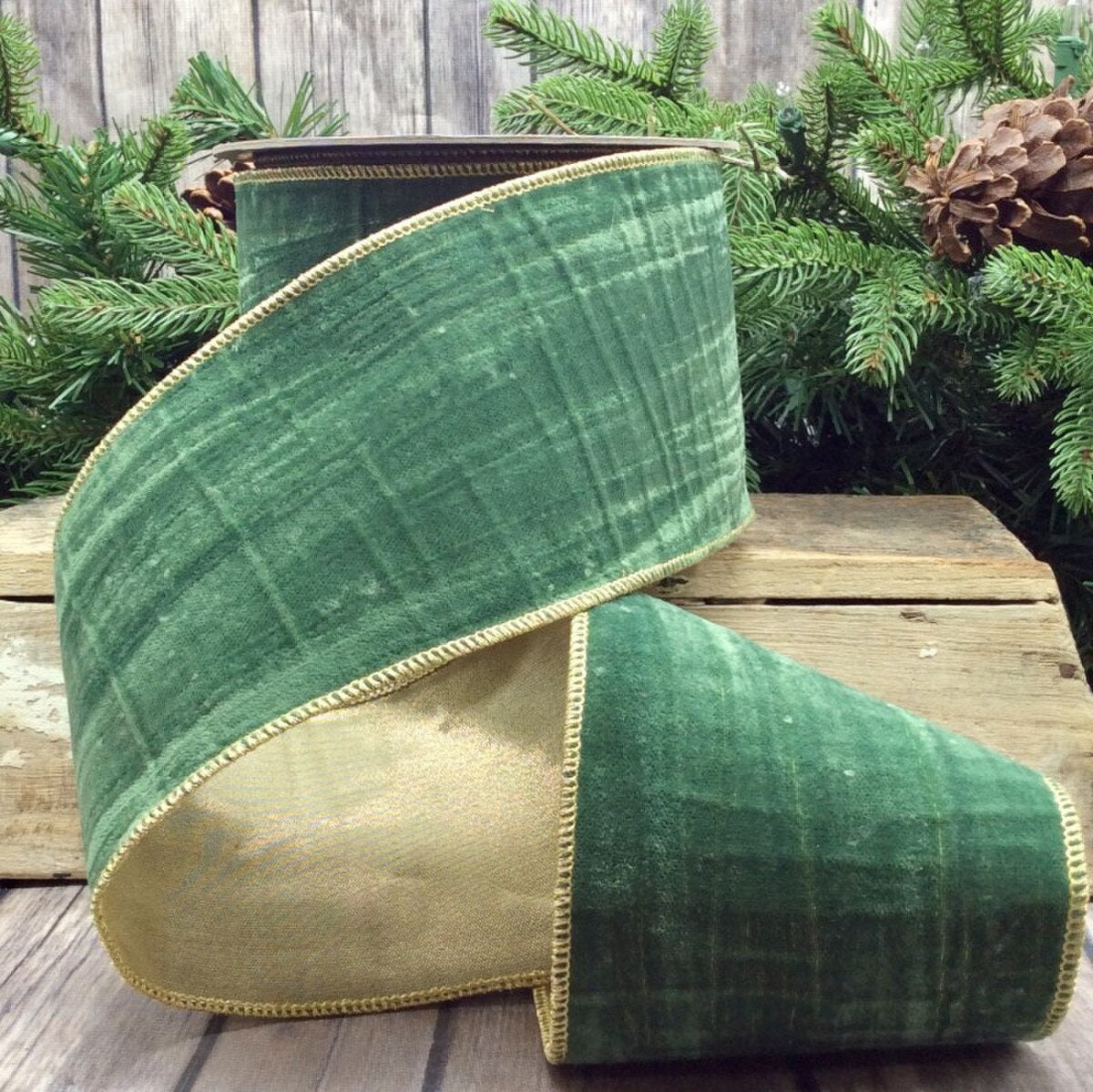 Jade Ribbon Velvet Vintage Chic Gold Back 4" x 10 Yds