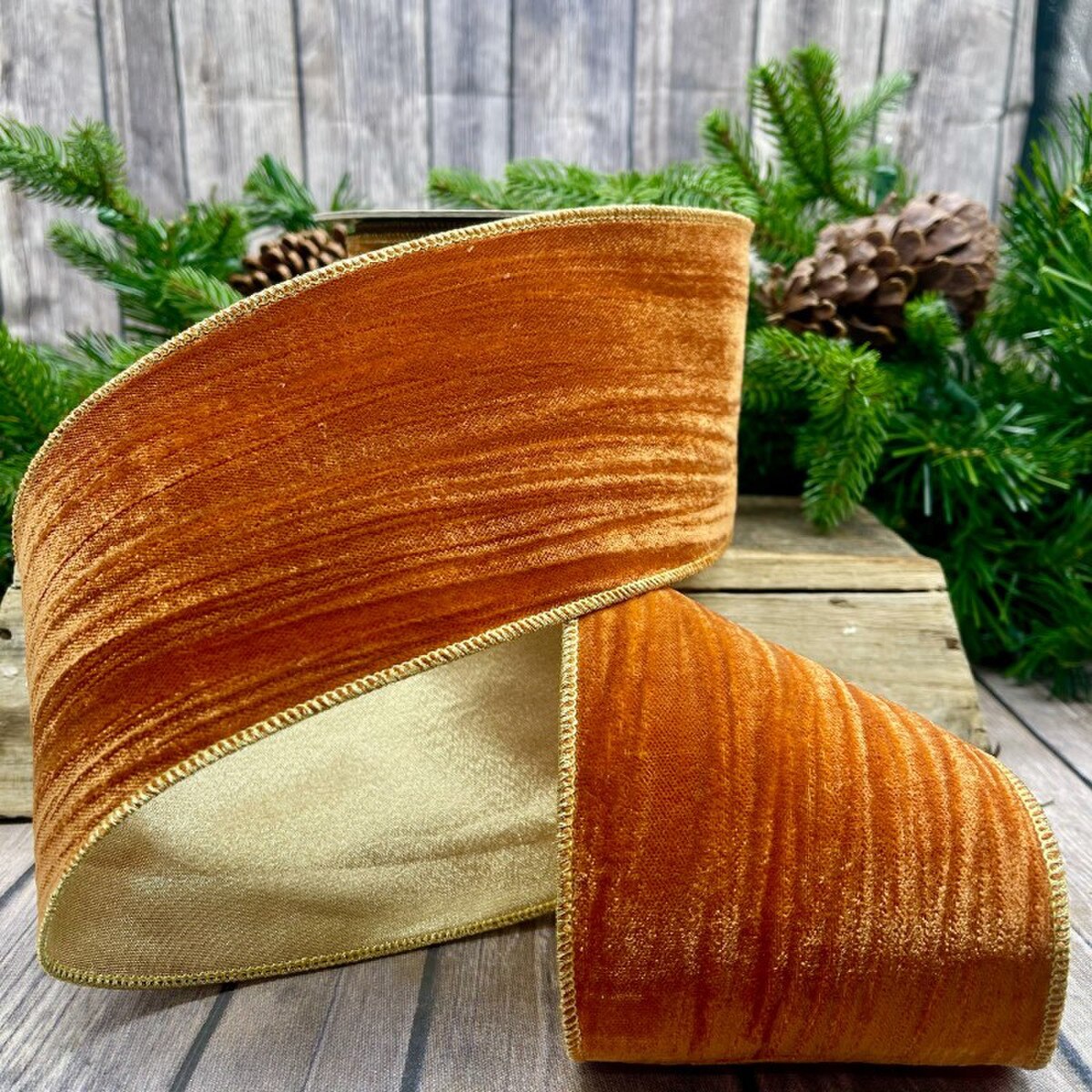 Persimmon Velvet Ribbon 4 Inch x 10 Yards Gold Back