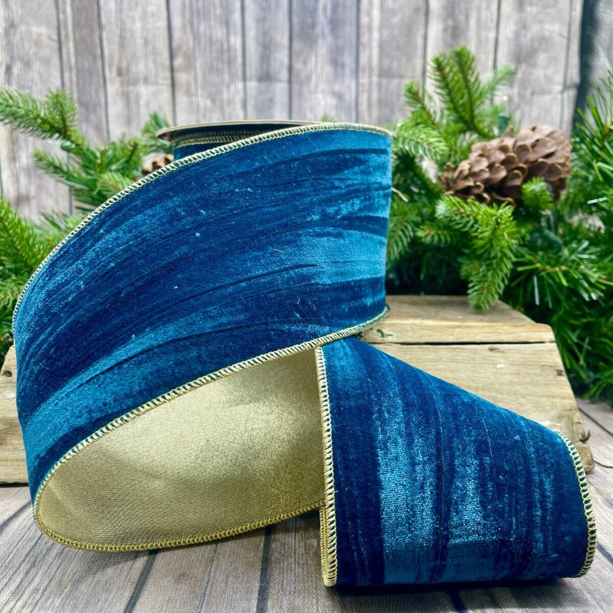 Peacock Ribbon Gold Back Velvet Vintage Chic 4" x 10 Yds