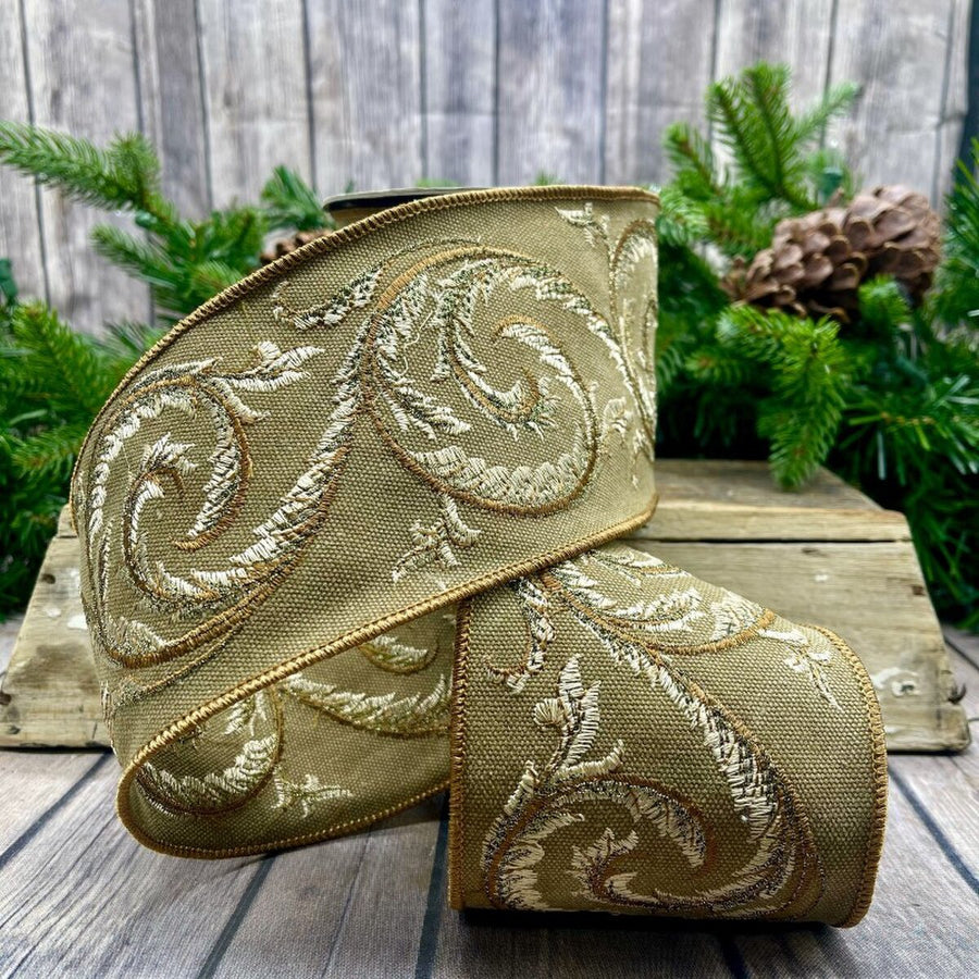 Acanthus Khaki Canvas Embroider Ribbon 4 Inch x 5 Yds
