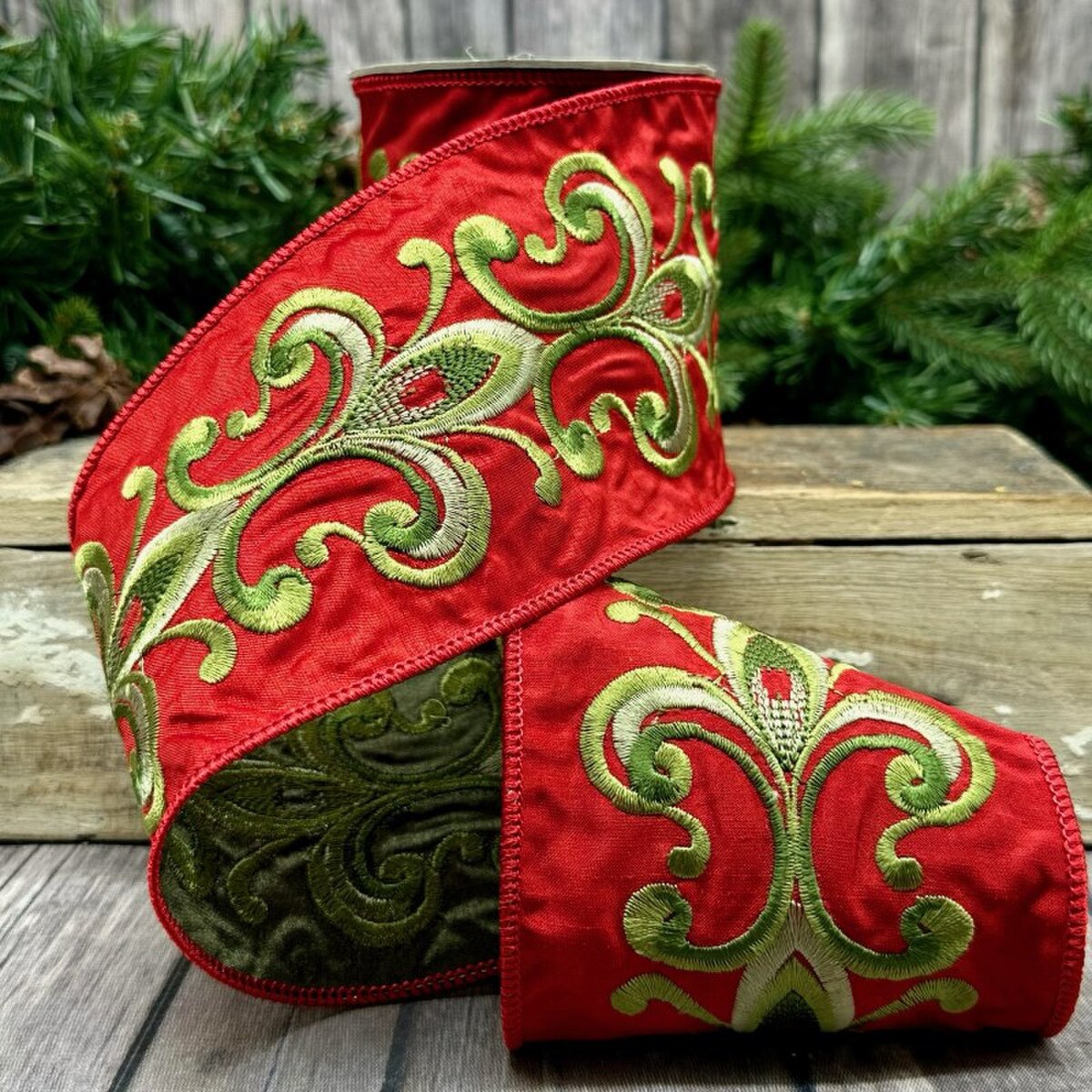 Faux Dupion Red Ribbon with Fleur De Lis Embroidery 4" x 5 Yds