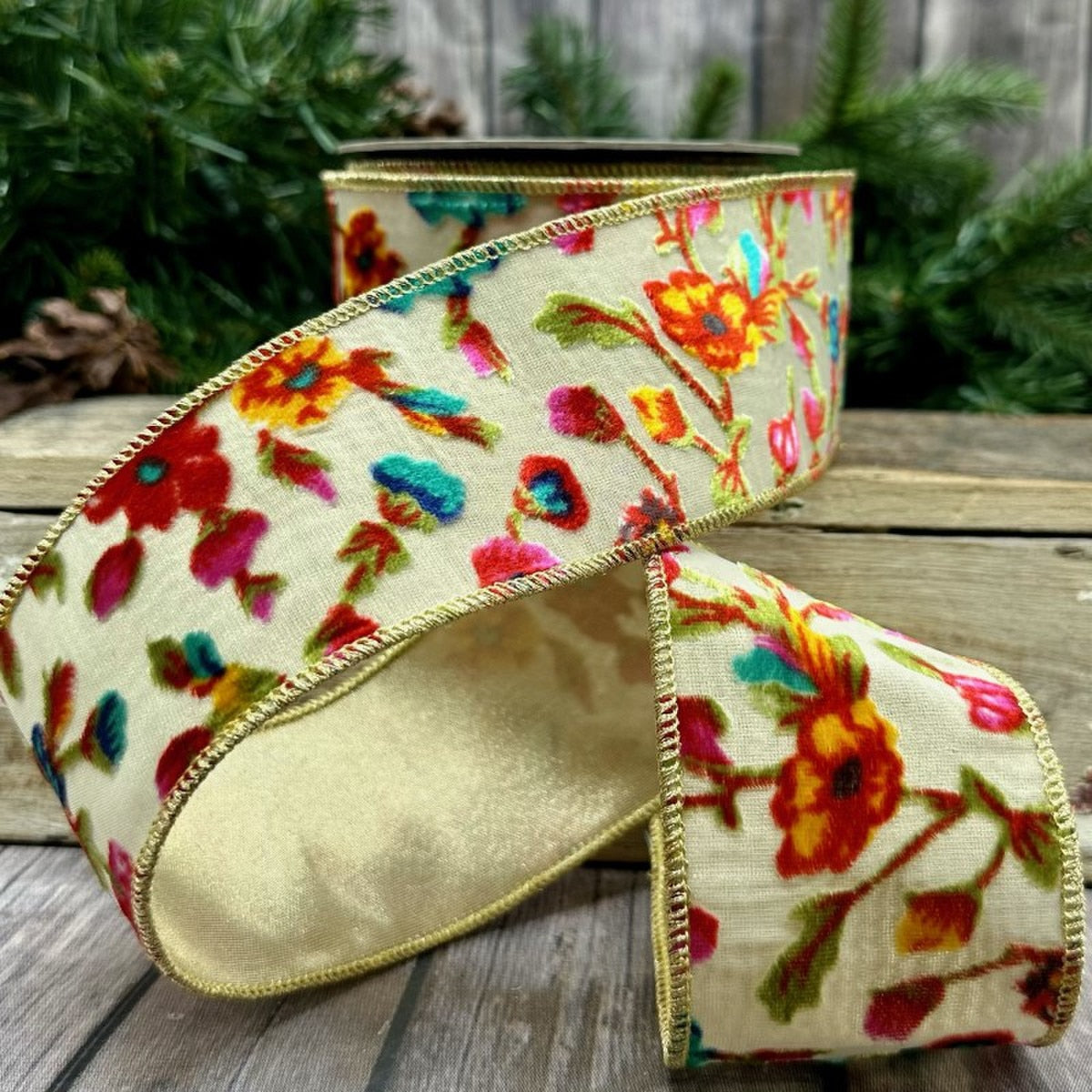 Burn Out Velvet Ribbon Hot Pink Yellow Teal 2.5" x 10 Yds