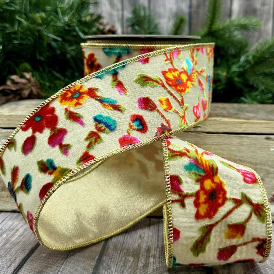 Burn Out Velvet Ribbon Hot Pink Yellow Teal 2.5" x 10 Yds