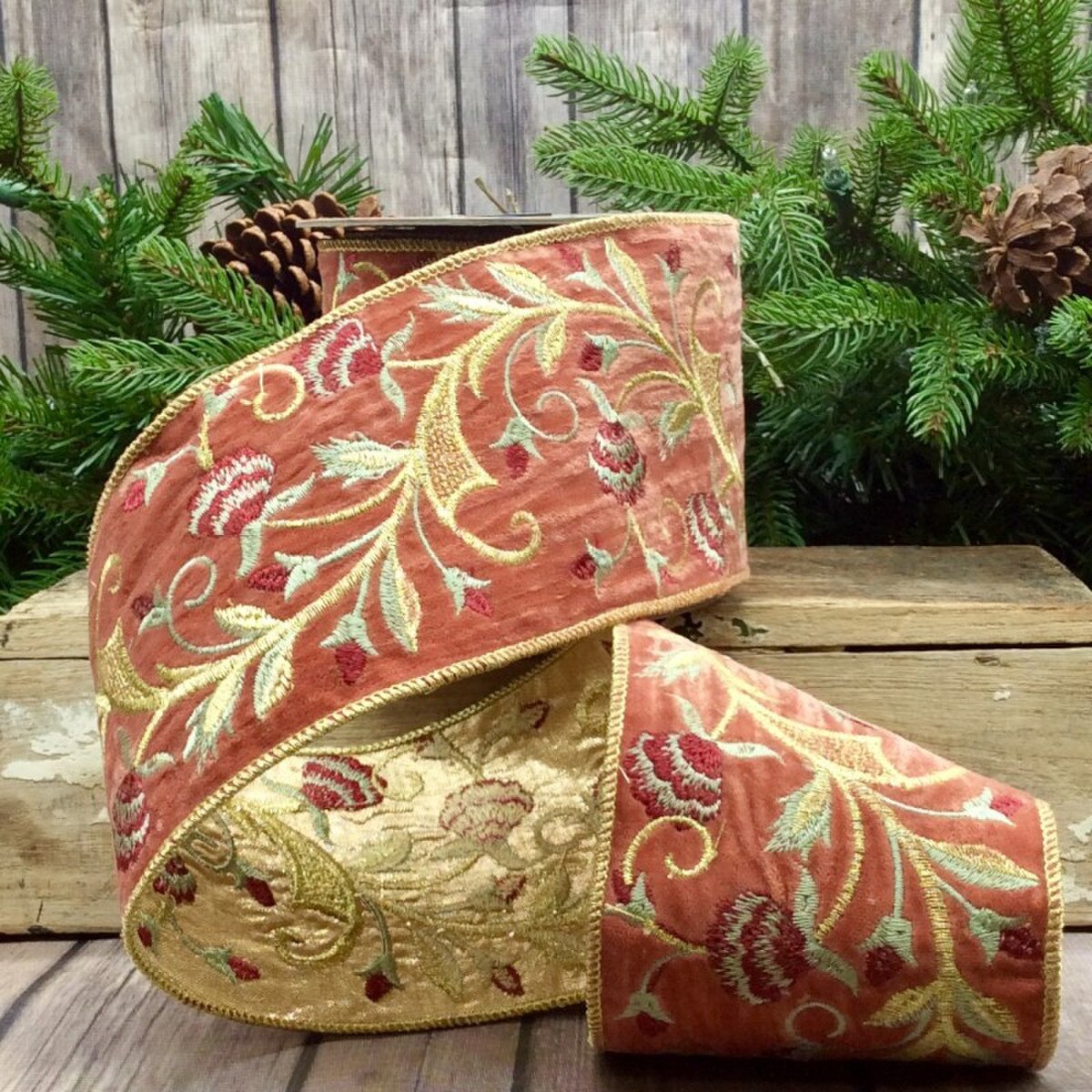 Burgundy Velvet Floral Embroidery Ribbon 4 Inch x 5 Yards