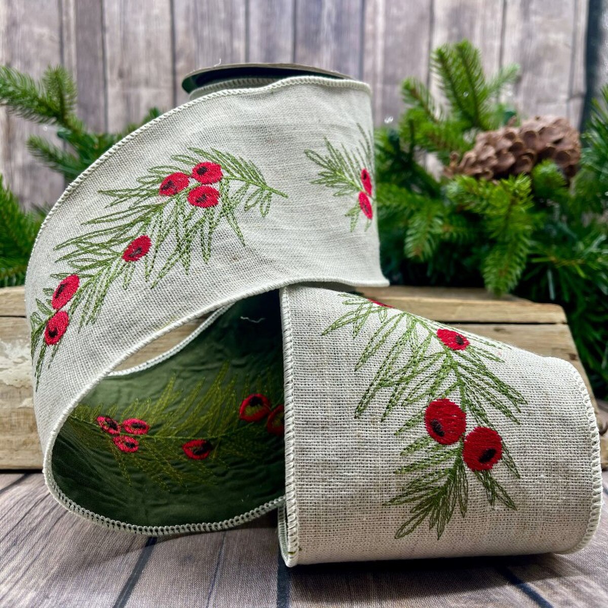 Berry Greenery Cream Cotton Embroidery Ribbon 4" x 5 Yds