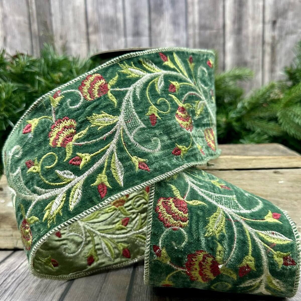 Floral Jade Faux Velvet Embroidery Ribbon 4 Inch x 5 Yds